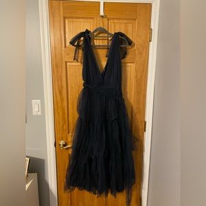 Lulu’s Flawless Arrival Navy Blue Tulle Tie-Strap Tiered Maxi Dress